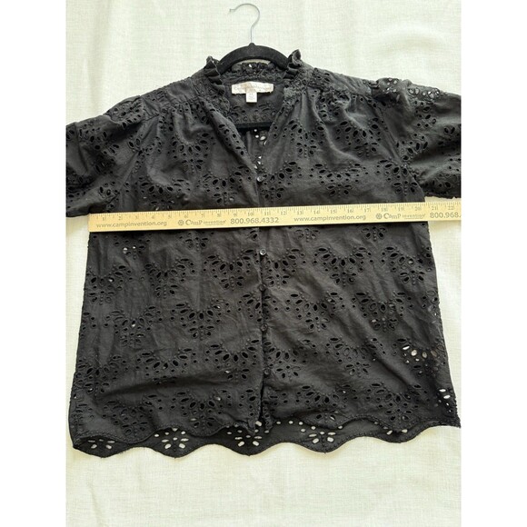 Catherine Malandrino Cotton Black Ruffle Collar V Neck Eyelet Woven Top Size M - Picture 4 of 6